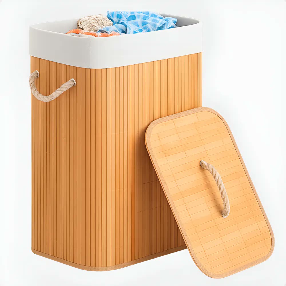 foto de Cesto De Roupa Bambu Dobrável Retangular Com Tampa E Forro 70l Casa Uno