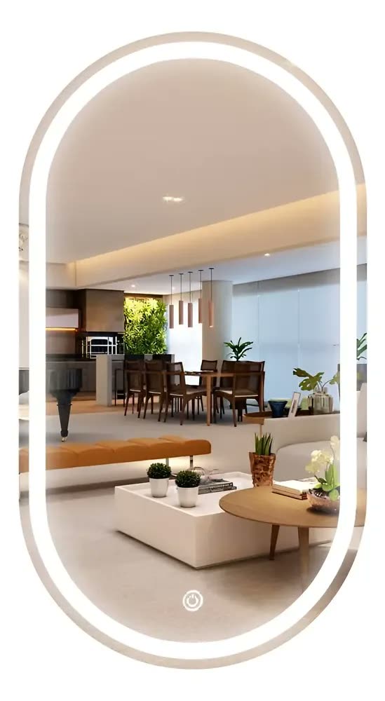 Espelho Oval Jateado Com Led 3 Cores 50x80 Lapidado Moldura Branco Frio