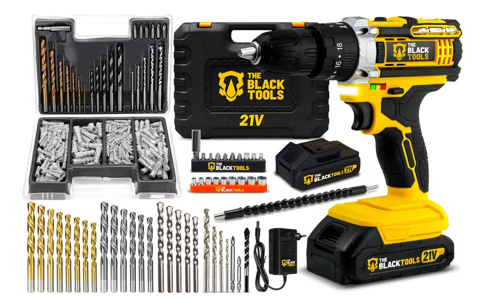 foto de Parafusadeira Furadeira De Impacto Profissional 21v Tb21pw Com Kit Brocas E Buchas 300 Peças The Black Tools