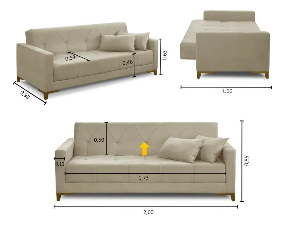 Sofá Cama 3 Lugares 2,00m Aurora Suede Bege Adonai Estofados