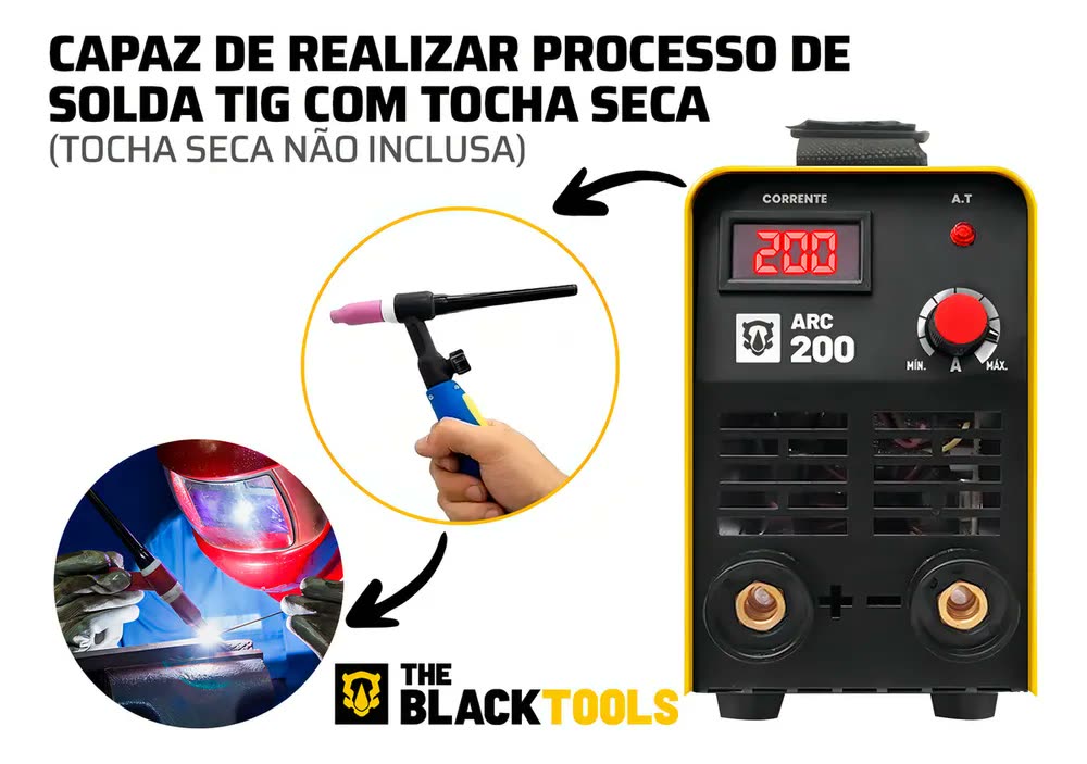 Maquina De Solda Inversora Eletrica 200a The Black Tools Arc200 Com Máscara De Solda Automática E Acessórios