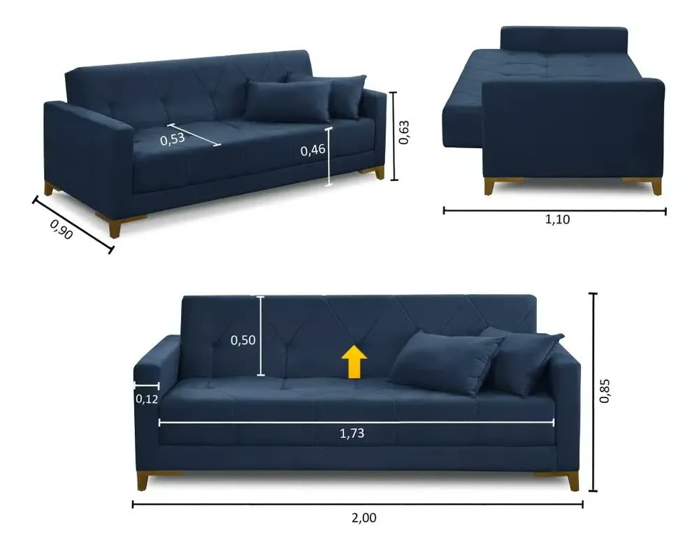 Sofá Cama 3 Lugares 2,00m Aurora Suede Azul Adonai Estofados