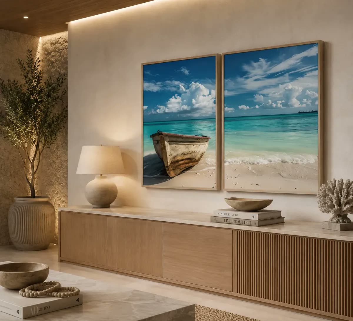 foto de Quadros Decorativo Barco Mar Praia Paisagem Sala Com Moldura