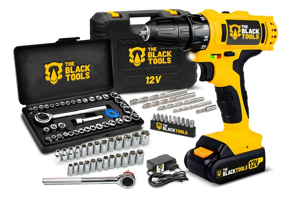 Parafusadeira Furadeira Sem Fio Bateria 12v P/ Madeira Metal Tb-12e The Black Tools Com Jogo De Soquetes 40 Peças