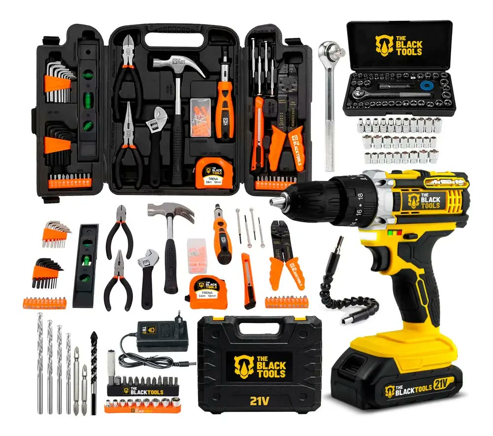 Furadeira Parafusadeira De Impacto 2 Baterias 21v 3/8 Com Kit Jogo De Ferramentas 169 Peças Com Maleta The Black Tools