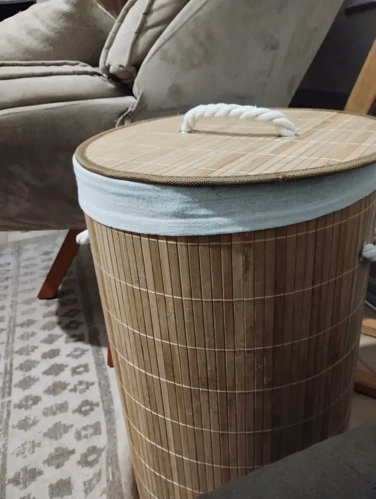 foto de Cesto de Roupa Suja Bambu 60L Dobrável com Tampa e Alças