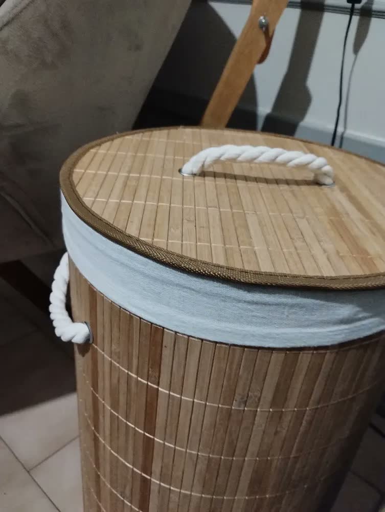 foto de Cesto de Roupa Suja Bambu 60L Dobrável com Tampa e Alças