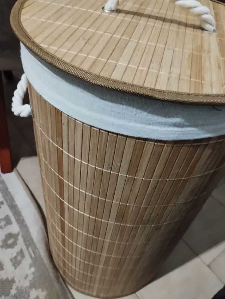 foto de Cesto de Roupa Suja Bambu 60L Dobrável com Tampa e Alças