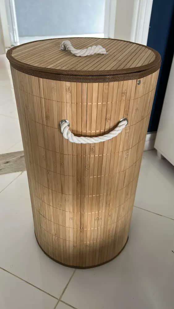 foto de Cesto de Roupa Suja Bambu 60L Dobrável com Tampa e Alças