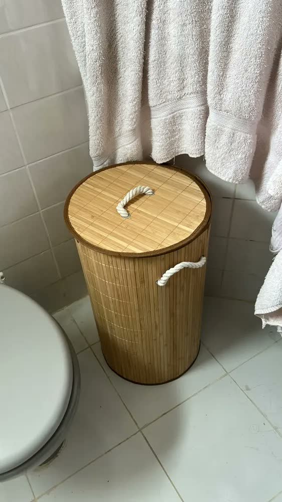 foto de Cesto de Roupa Suja Bambu 60L Dobrável com Tampa e Alças