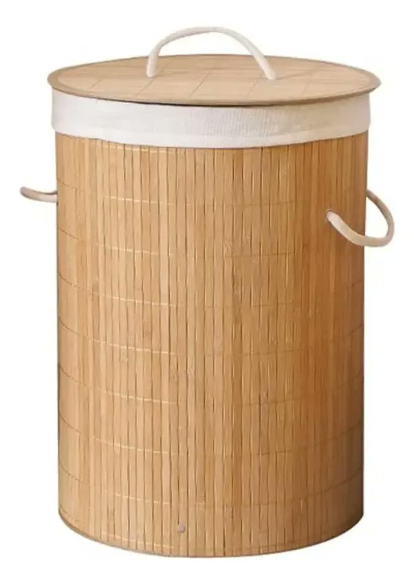 Cesto de Roupa Suja Bambu 60L Dobrável com Tampa e Alças