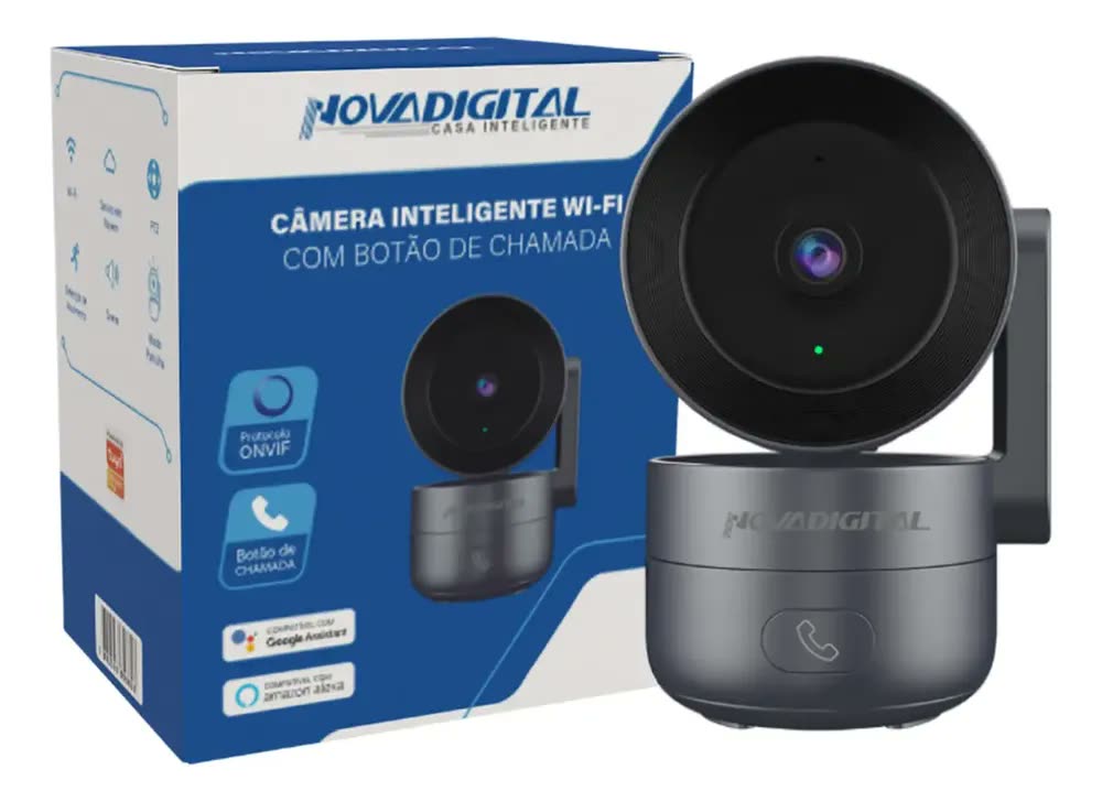 foto de Câmera Segurança Wifi Inteligente Novadigital Cs-call Botão Chamada Onvif Tuya Smart Life Alexa Google App 110V 220V Bivolt Com Fonte Cinza