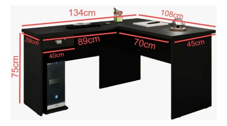 Mesa L Escritório Gamer Estudo 1 Gaveta Suporte P/ Cpu