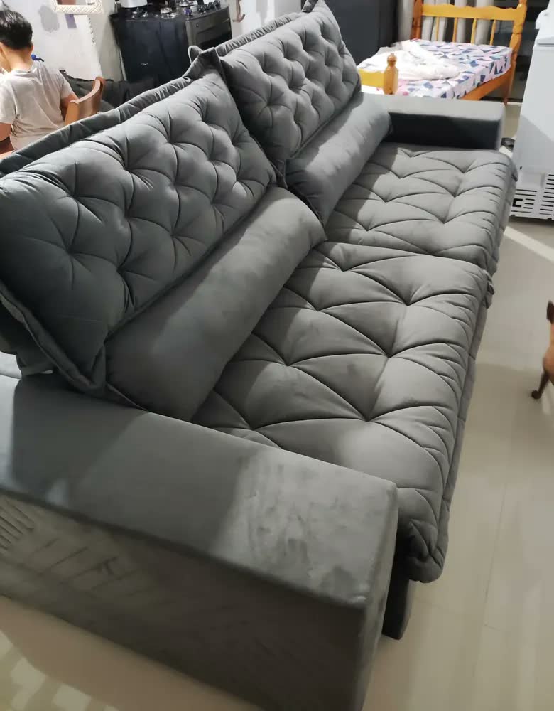 foto de Sofá Retrátil e Reclinável 2,55m Molas Ensacadas Cama inBox Spazus com Bordado 3D Velusoft Bege