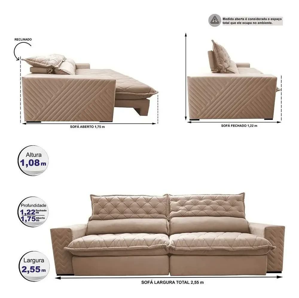 Sofá Retrátil e Reclinável 2,55m Molas Ensacadas Cama inBox Spazus com Bordado 3D Velusoft Bege