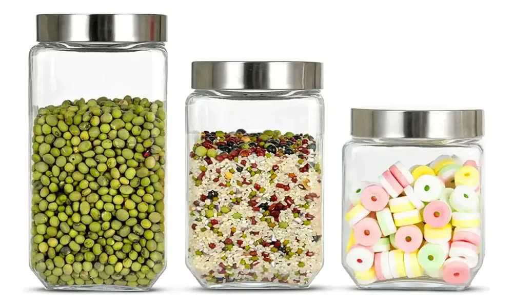 Conjunto 3 Pote Vidro Tampa Inox 1,2L / 1,7L / 2L Quadrado Grande Cor Transparente