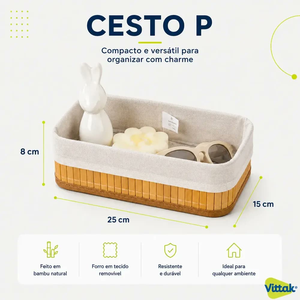Vittak Kit 3 Cestos Organizadores de Bambu com Forro Multiuso Decorativo para Roupas Brinquedos Toalhas Cozinha Banheiro Sala Quarto Closet Lavanderia
