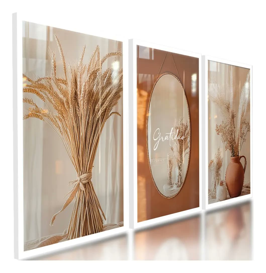 Quadros Decorativos Boho Gratidão Espelho Trigo Jarro 122x60