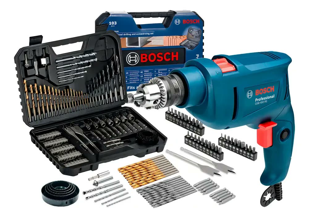 Furadeira De Impacto 3/8 10mm Gsb 450 Re Bosch Com Jogo De Brocas Bits 103 Profissional Peças