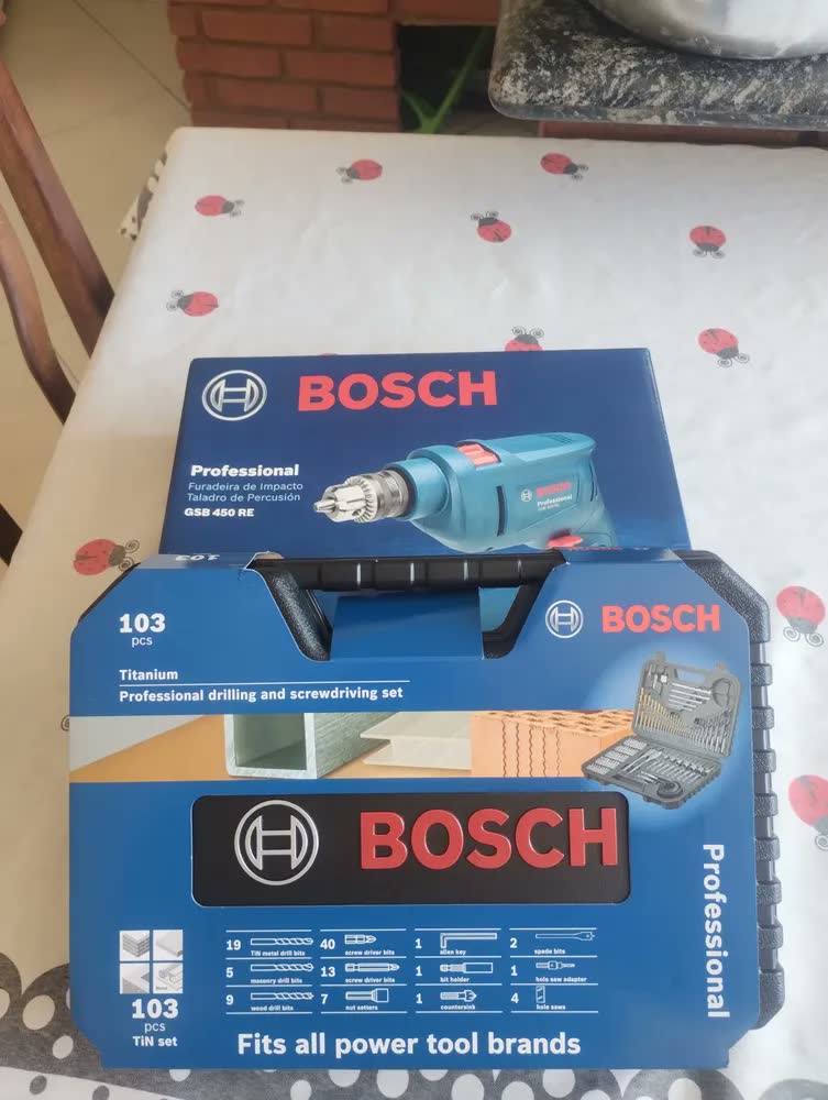 foto de Furadeira De Impacto 3/8 10mm Gsb450 Re Bosch Com Jogo De Brocas Bits 103 Profissional Peças Bosch