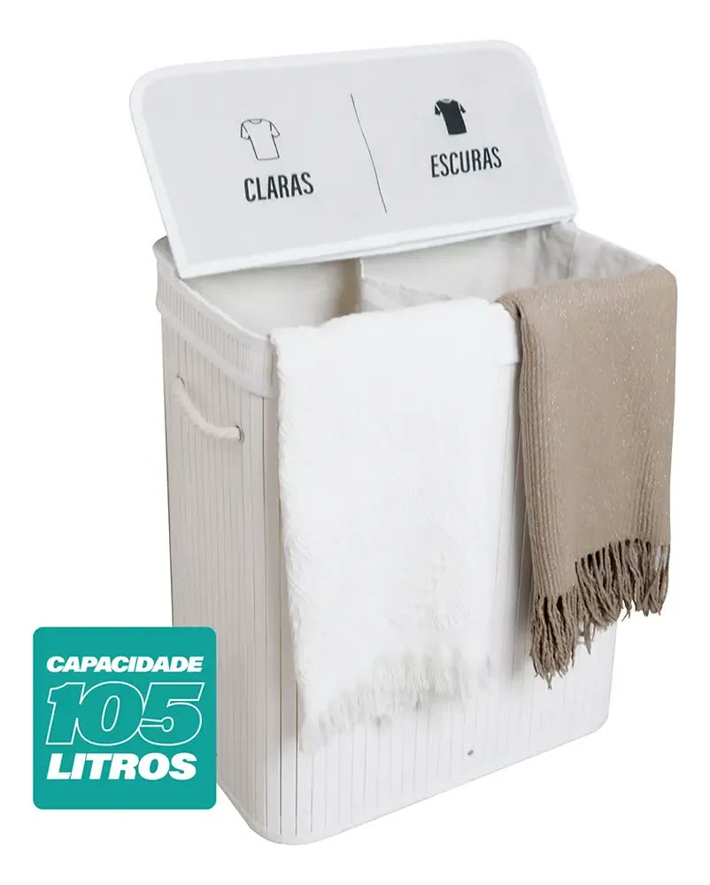 Cesto de Roupas Com Divisória Roupeiro Bambu Artiko Pratic+ Organizador Com Tampa 105L Branco