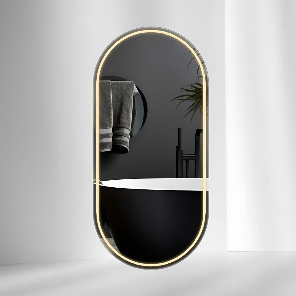 foto de Espelho Oval Jateado 50x80 Lapidado Com Led 3 cores E Touch