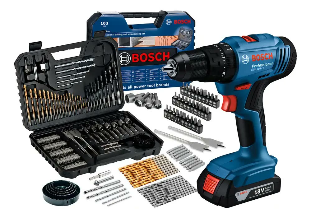 Furadeira Parafusadeira De Impacto 18v Bateria Bosch Gsb 183li + Jogo De Brocas Bits Profissional 103 Peças