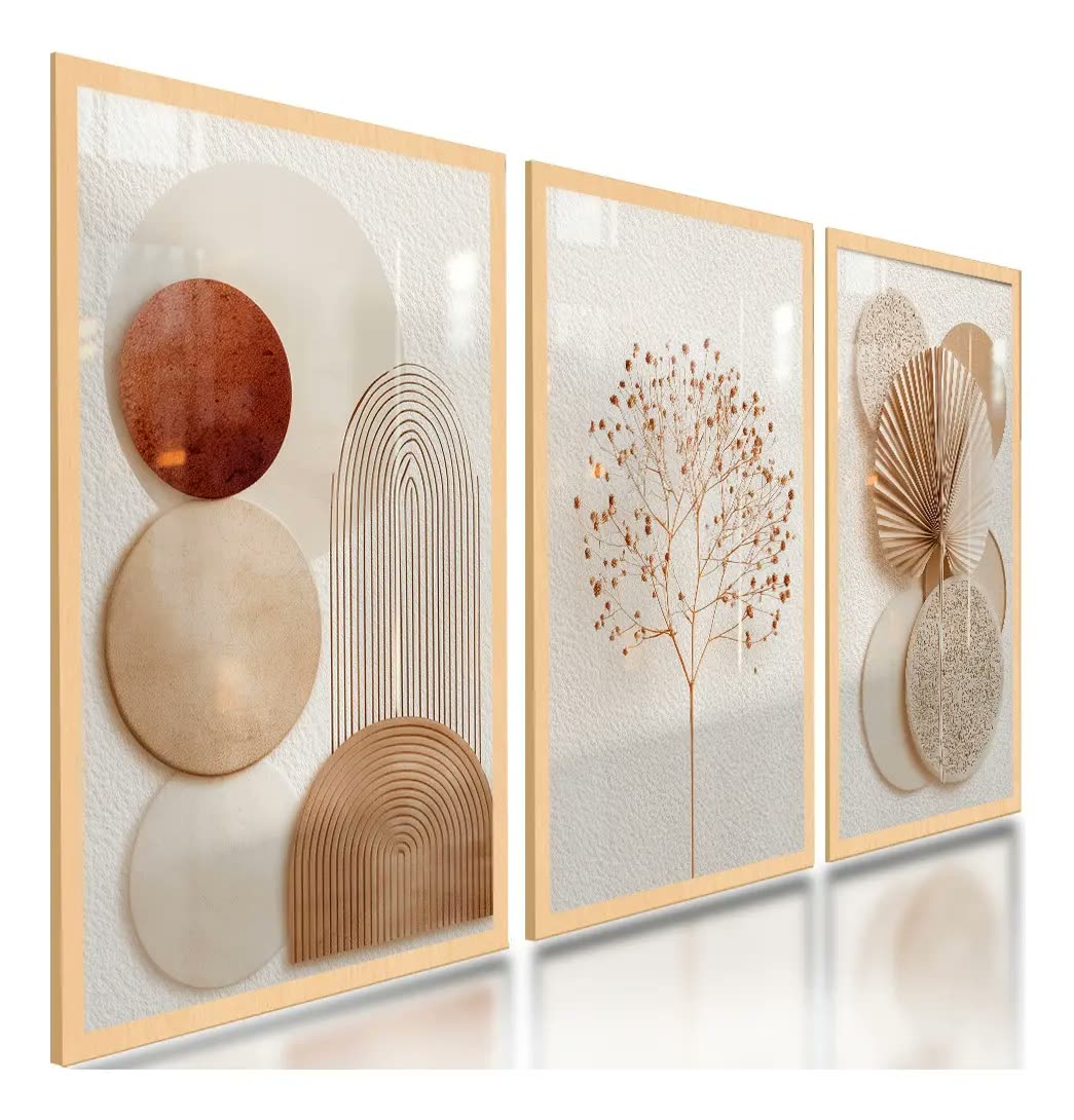 foto de Quadros Decorativos Abstratos Geométricos Boho Neutro 122x60