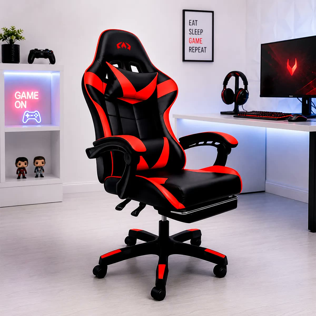 foto de Cadeira Gamer Escritório Ergonômica Couro Sintético Apoio Pé