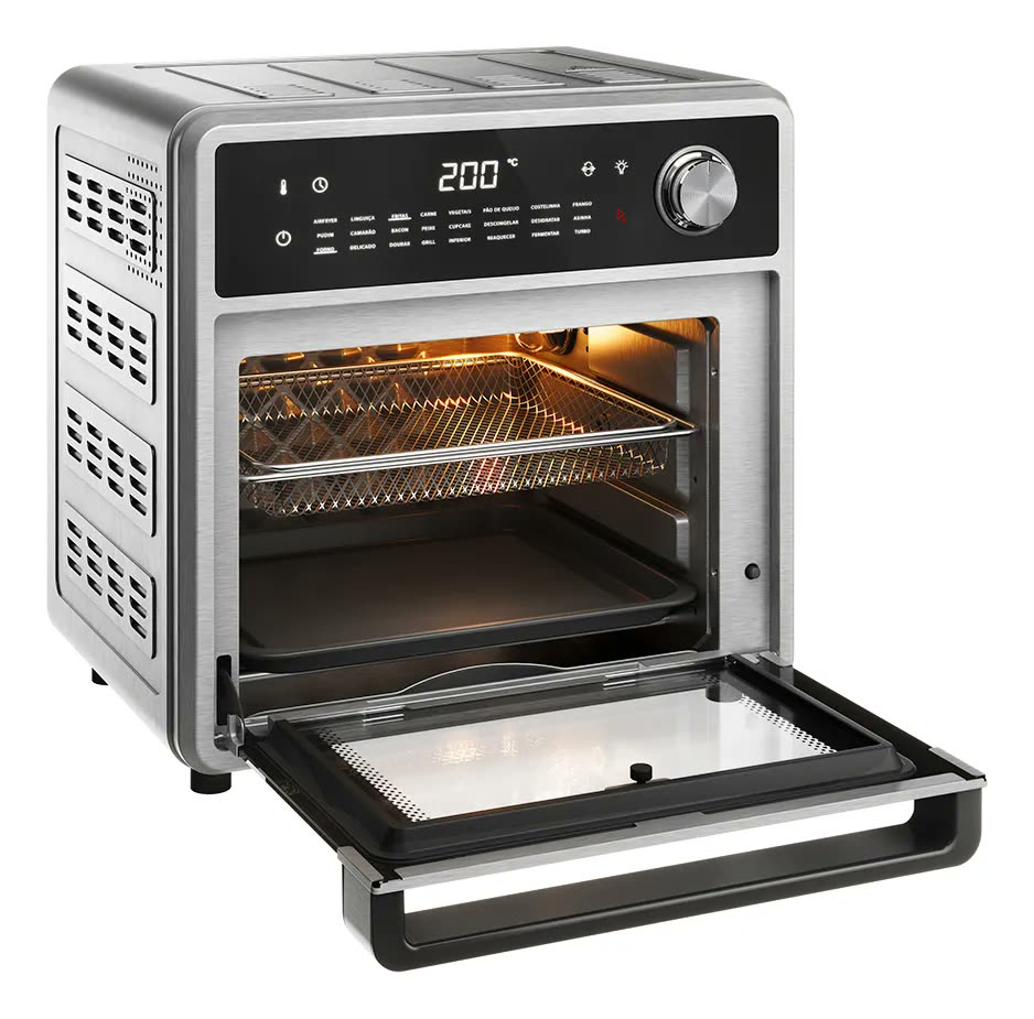 Forno Fryer Dako Inox 2 Em 1 Com Painel Digital 15 Litros 24 Funções e 1600W 127V