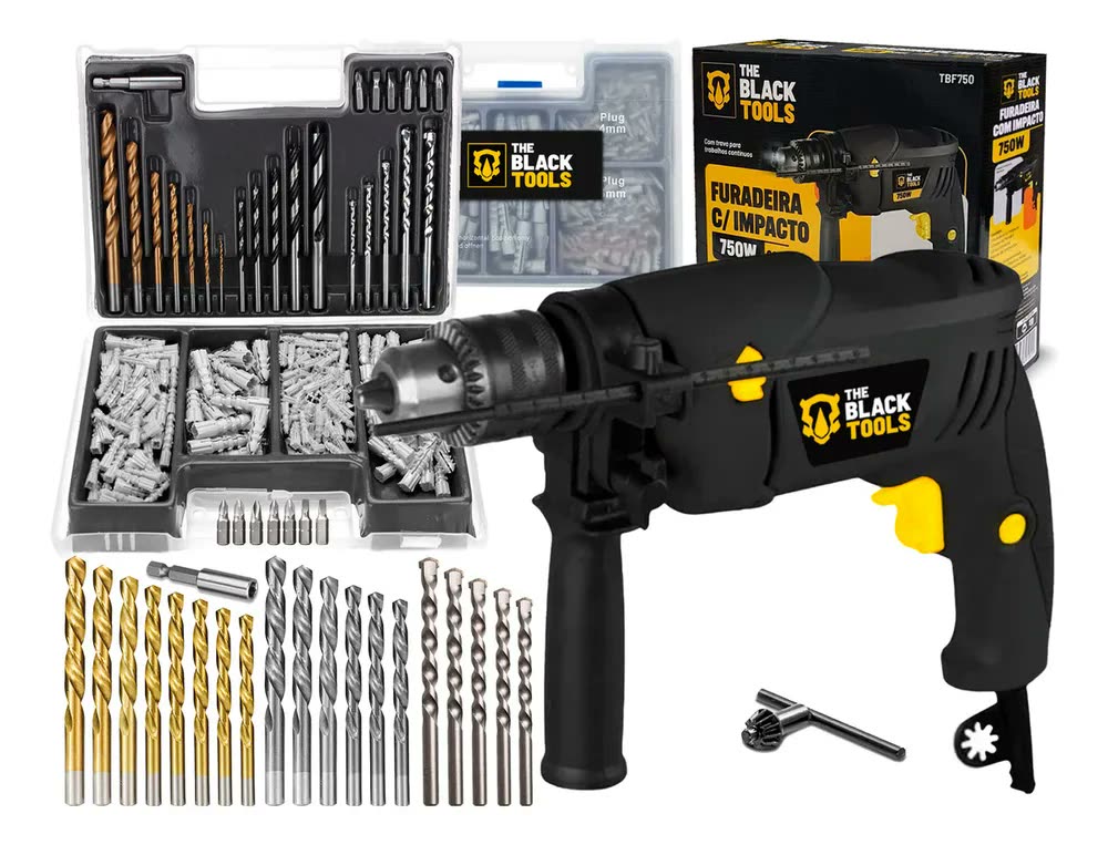 foto de Furadeira De Impacto 13mm 750w Profissional Com Kit Brocas Buchas E Bits 300 Peças The Black Tools