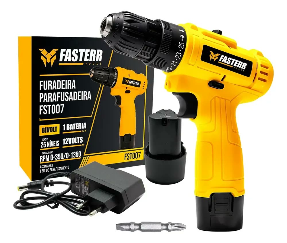 foto de Parafusadeira Furadeira 3/8 10mm Bivolt A Bateria Com Carregador - Fasterr Tools
