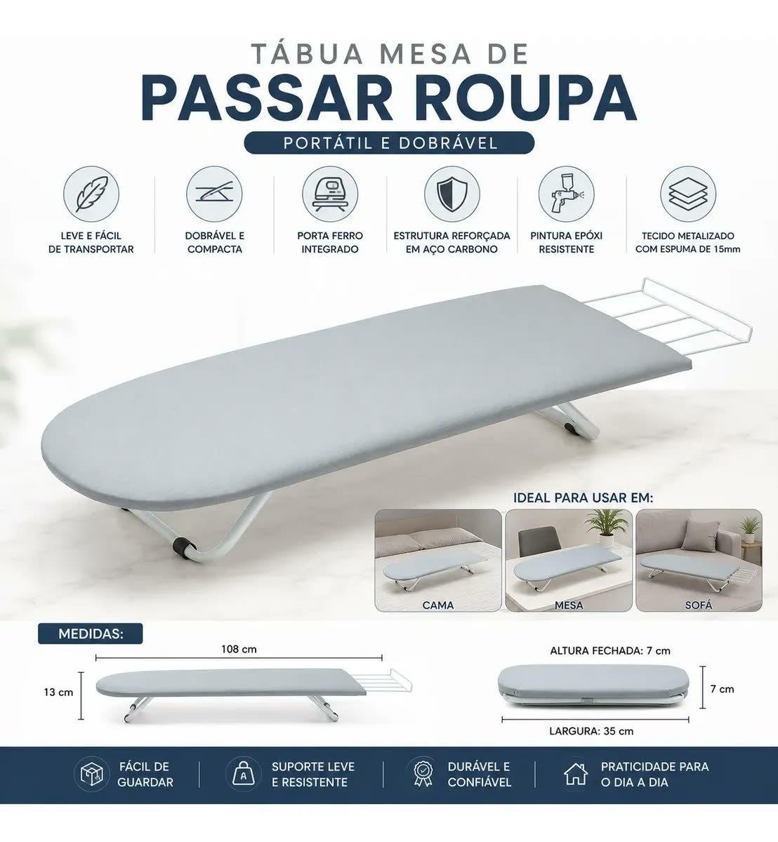 Tabua Passar Roupa Portátil Dobrável Cama Mesa Porta Ferro