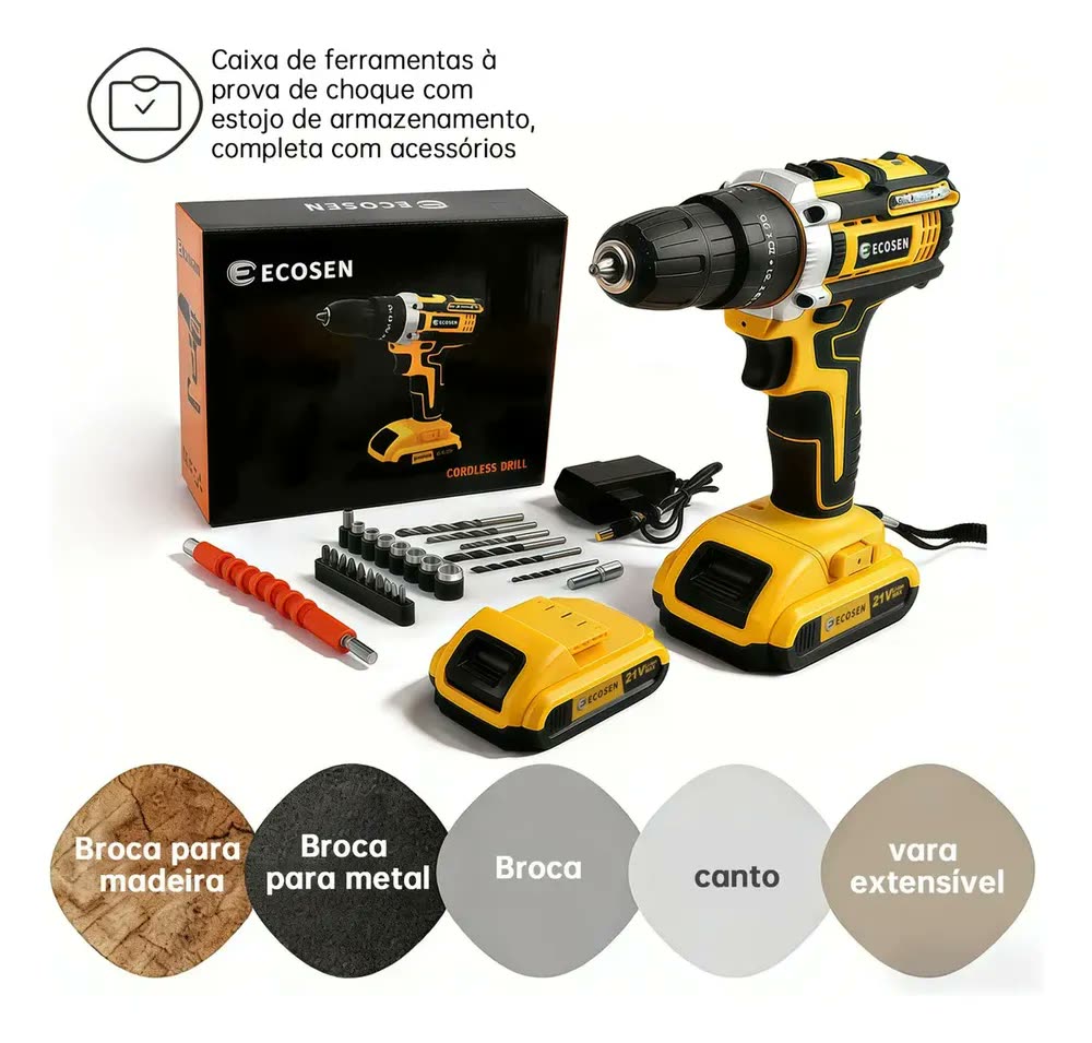 Ecosen Parafusadeira Furadeira Sem Fio 8Ah Bateria Duas Baterias Amarela 60hz