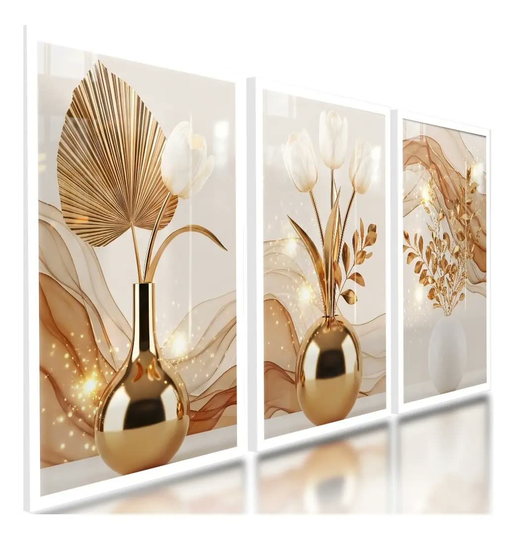 foto de Quadros Decorativos Luxuoso Flores Brancas Douradas 122x60