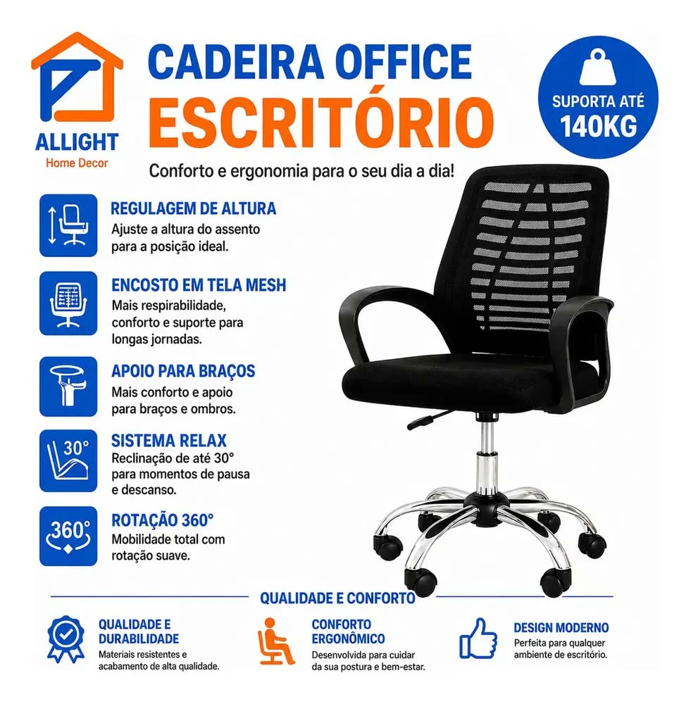 Kit 4 Cadeiras Office Escritório Giratória Tela Mesh Cor Preta