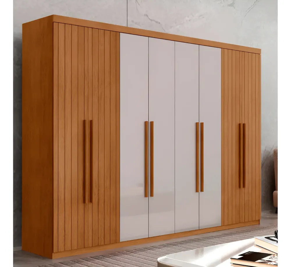 Guarda Roupa Casal Toronto Mdf 8 Portas Moderna Mobília Cor Naturale/Off White/Naturale