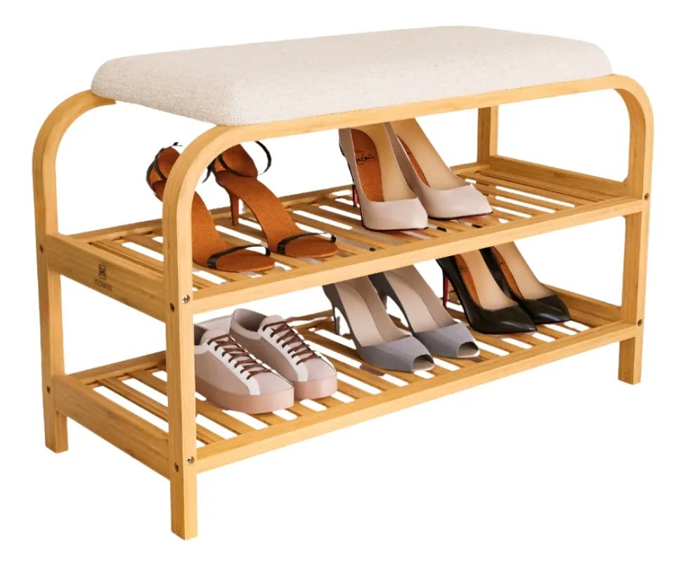 Sapateira Bambu Banco Estofado 70cm 2 Andares, Heimon