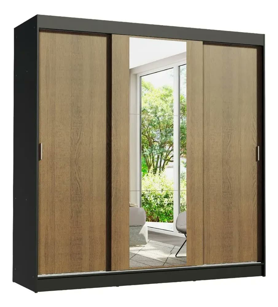 foto de Guarda-roupa Casal Madesa Reno 3 Portas Correr Com Espelho P Cor Preto/Rustic