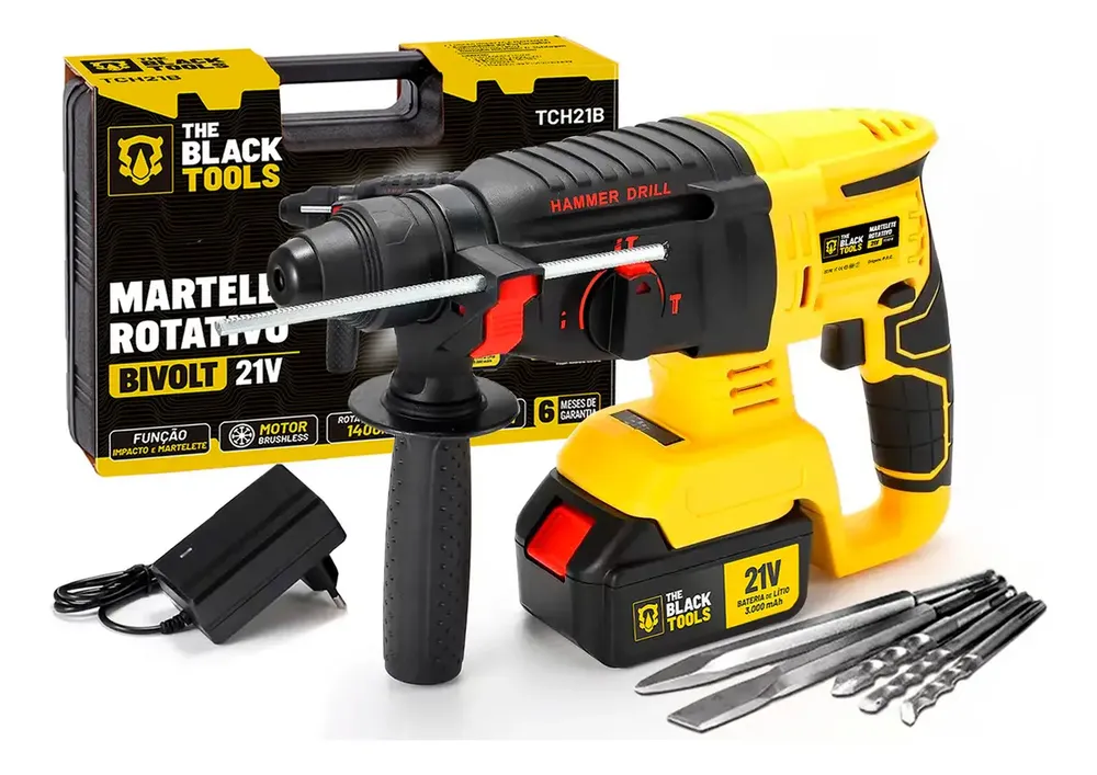 foto de Martelete Rompedor Rotativo De Impacto A Bateria 21V 1400 Rpm 4800 Ipm Cor Amarelo The Black Tools