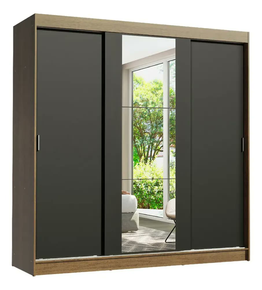 foto de Guarda-roupa Casal Madesa Reno 3 Portas Correr Com Espelho R Cor Rustic/Preto