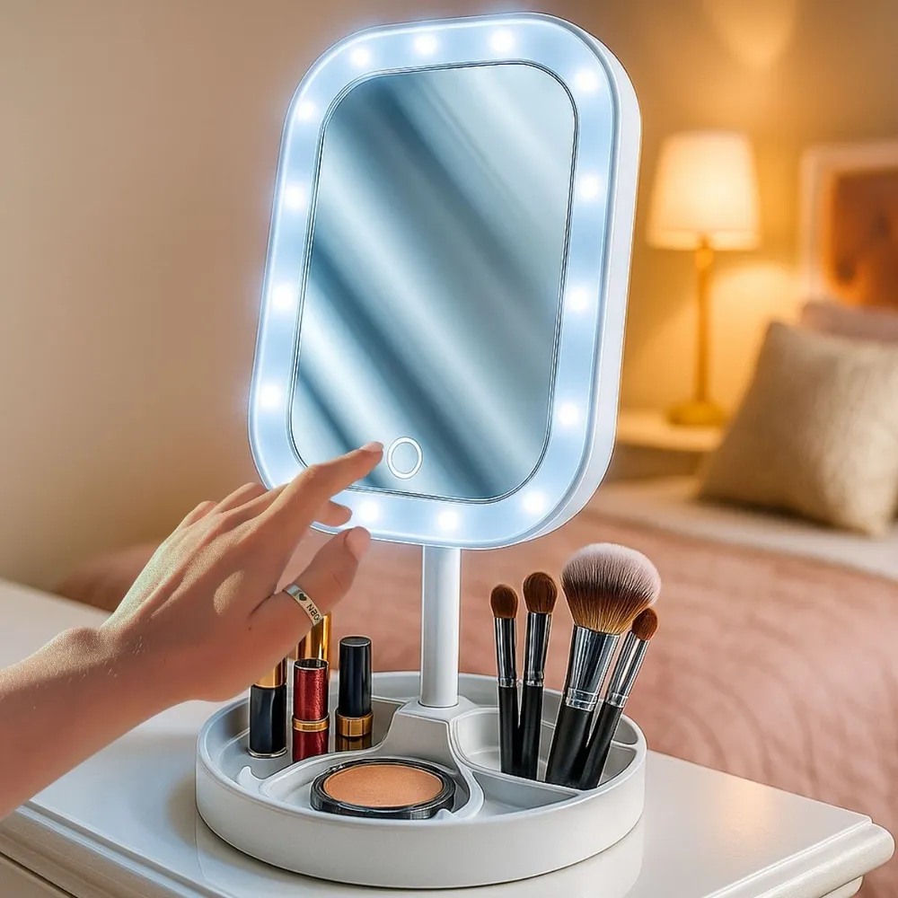 foto de Espelho Led Touch 3 Luzes Com Brilho Ajustável Recarregável