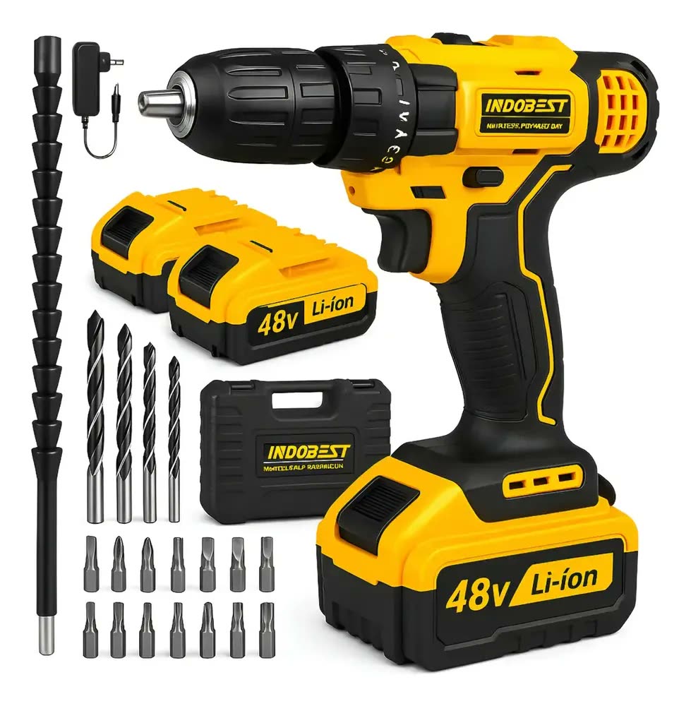 Parafusadeira Furadeira Sem Fio 48v 2 Baterias 340w C/brocas Amarelo E Preto