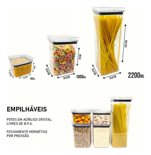 foto de Kit 8 Potes Herméticos Mantimentos Quadrado Cozinha Tampa Vedação Hermética Amobox