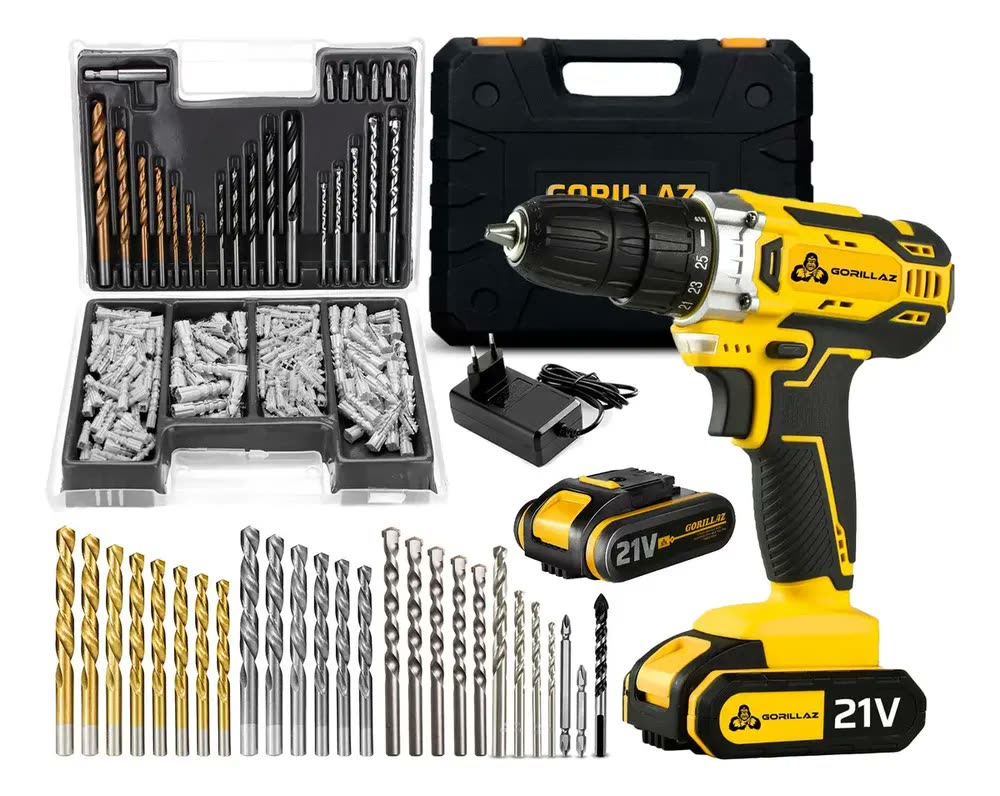 Parafusadeira Furadeira de Impacto Sem Fio 21V Gorillaz 2 Baterias LED Bivolt