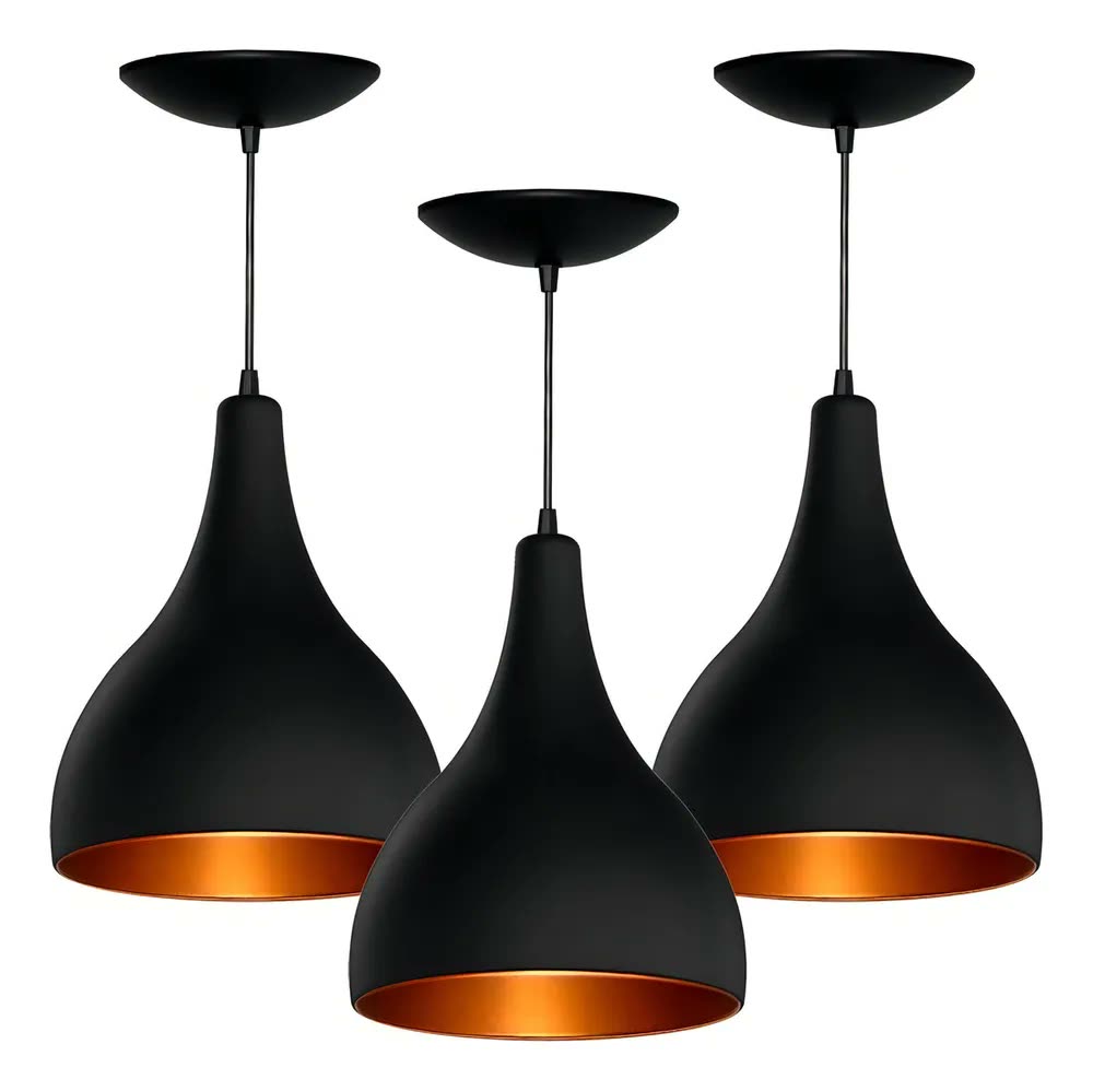 foto de Kit 3 Pendente Gotinha Luminária De Teto Cozinha, Balcão Estrutura Preto Com Cobre