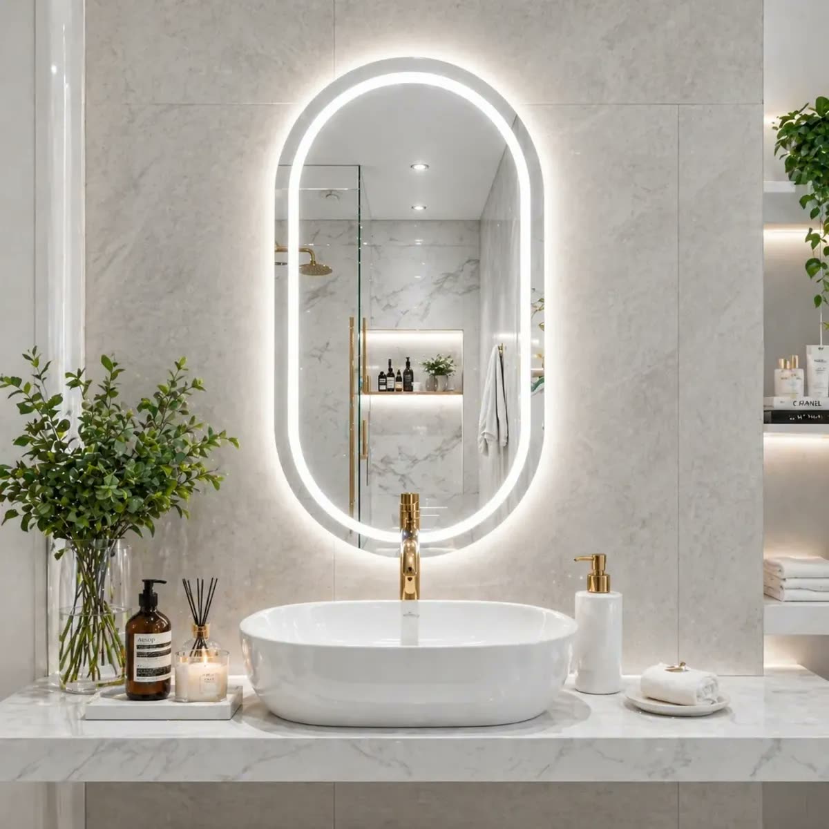 Espelho Led Oval Banheiro Camarim Penteadeira 80x50cm Touch