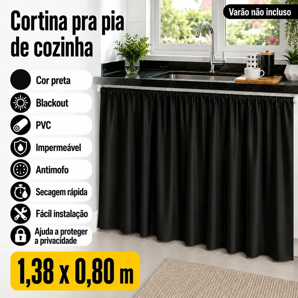 Cortina Pra Pia de Cozinha Blackout Preta 1,38x0,80m Liso - Marianopole