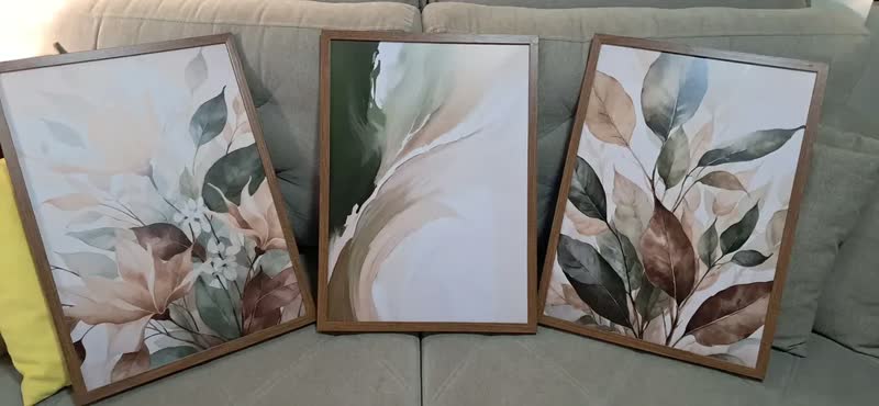 foto de Quadro Decorativo Trio Folhagens Botânico Boho Verde Moldura