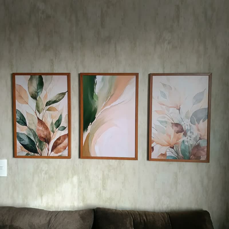 foto de Quadro Decorativo Trio Folhagens Botânico Boho Verde Moldura